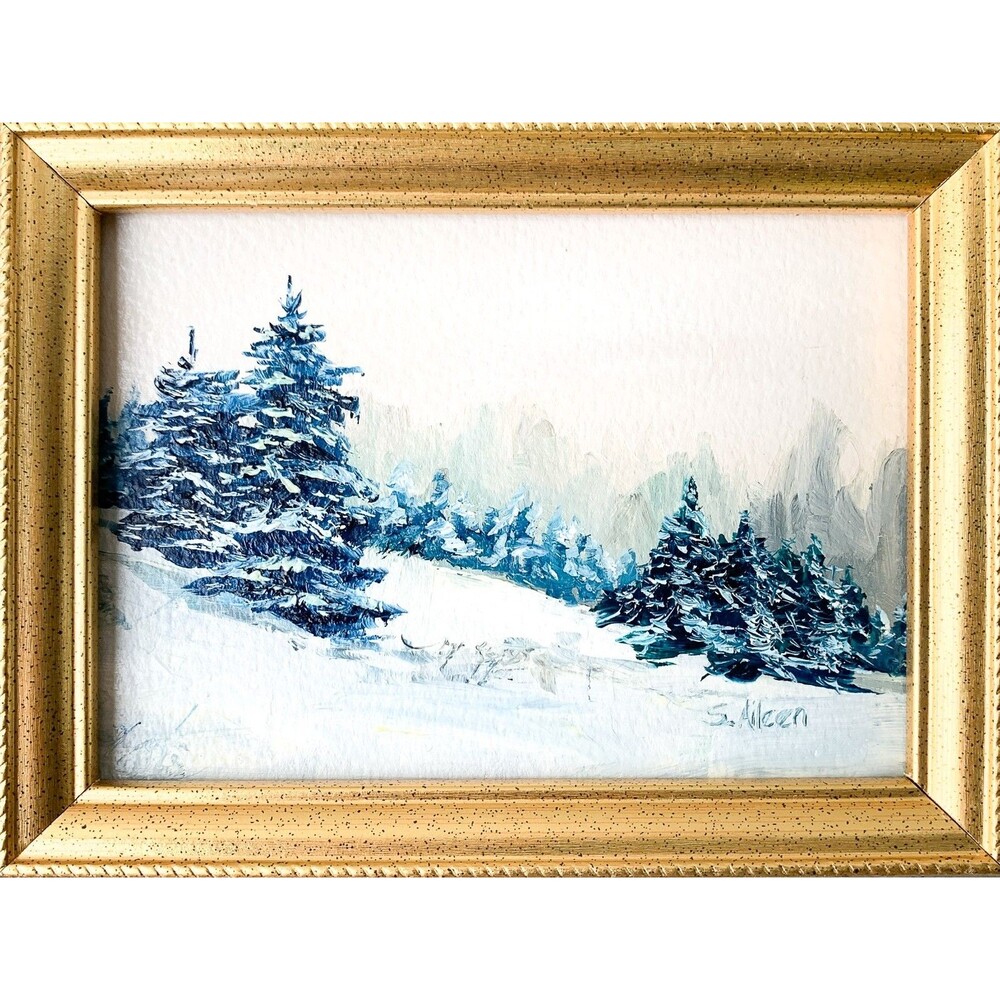 Framed 6x8 Original Oil Landscape Painting Snowy Winter Forest Pines Art Signed